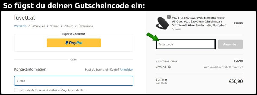Luvett Gutschein einfuegen und sparen schwarz