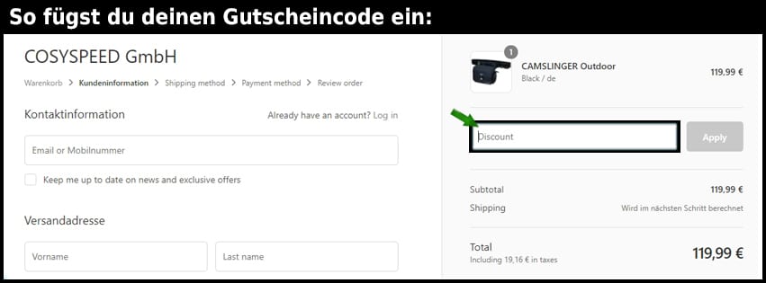 cosyspeed Gutschein einfuegen und sparen schwarz
