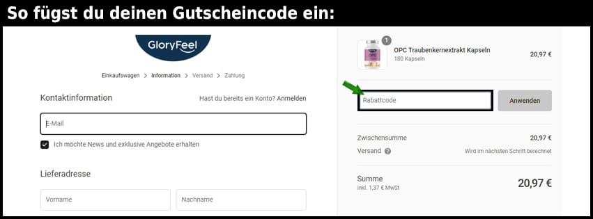 gloryfeel Gutschein einfuegen und sparen schwarz