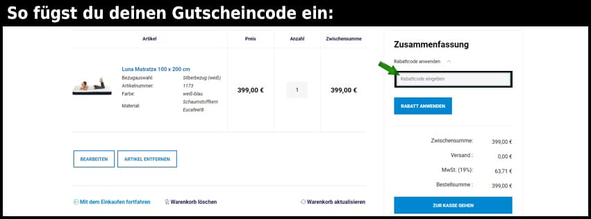 luna-matratze Gutschein einfuegen und sparen schwarz