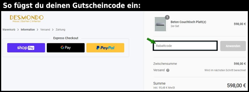 desmondo-shop Gutschein einfuegen und sparen schwarz