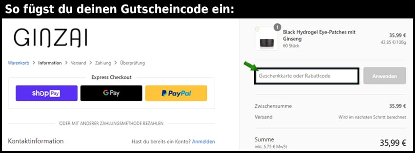 ginzai Gutschein einfuegen und sparen schwarz