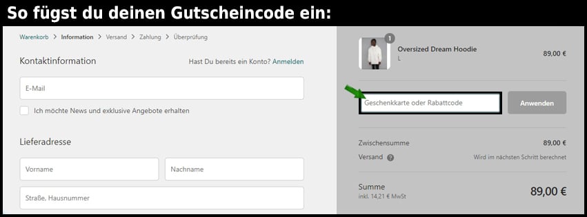 hoodiecollab Gutschein einfuegen und sparen schwarz