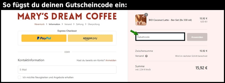 maryscoffeeclub Gutschein einfuegen und sparen schwarz