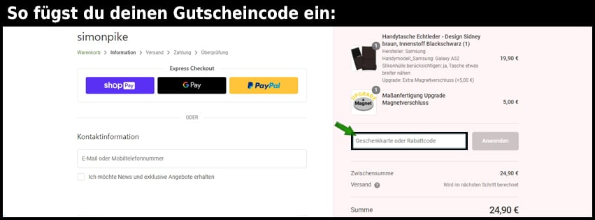simonpike Gutschein einfuegen und sparen schwarz