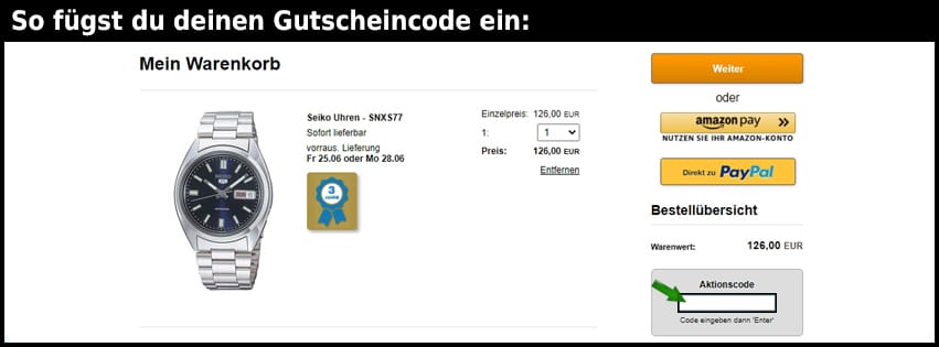 uhren4you.de Gutschein einfuegen und sparen schwarz