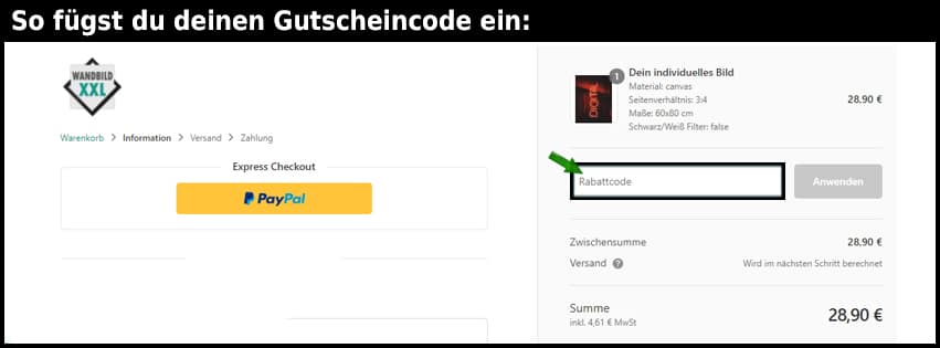 wandbildxxl Gutschein einfuegen und sparen schwarz