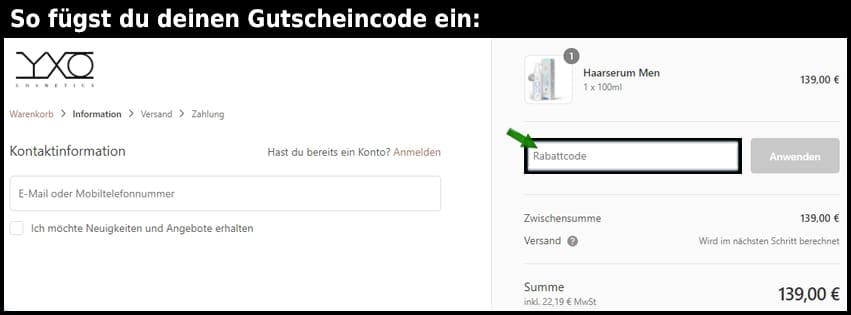 yxo-cosmetics Gutschein einfuegen und sparen schwarz