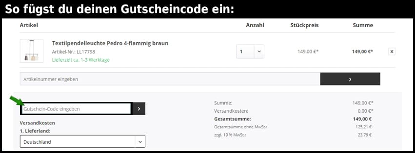 leuchtenladen.com Gutscheine Gutschein einfuegen und sparen schwarz