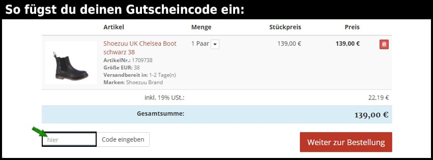 shoezuu Gutschein einfuegen und sparen schwarz