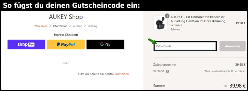 aukey Gutschein einfuegen und sparen schwarz