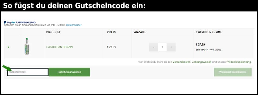 cataclean Gutschein einfuegen und sparen schwarz