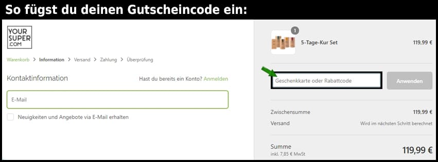 yoursuperfoods Gutschein einfuegen und sparen schwarz