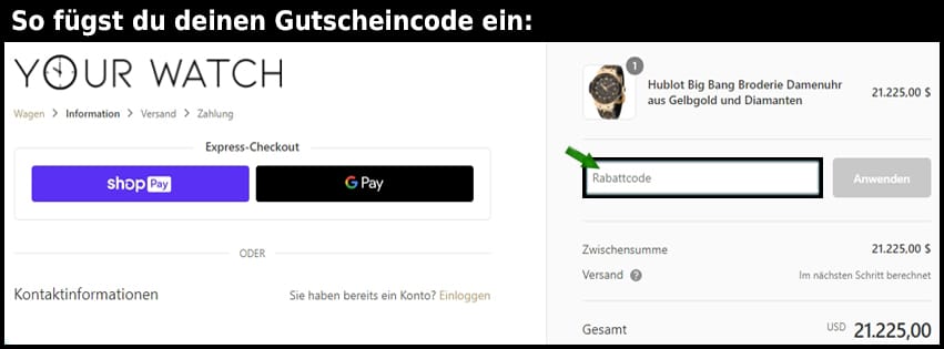 yourwatch Gutschein einfuegen und sparen schwarz