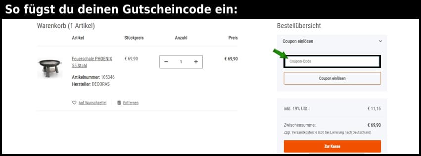 feuerschalen-shop Gutschein einfuegen und sparen schwarz