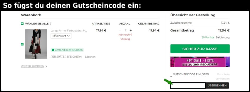 floryday Gutschein einfuegen und sparen schwarz