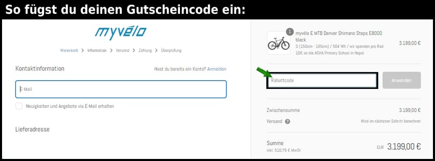 myvelo Gutschein einfuegen und sparen schwarz