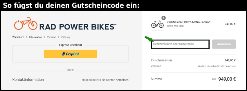 radpowerbikes Gutschein einfuegen und sparen schwarz