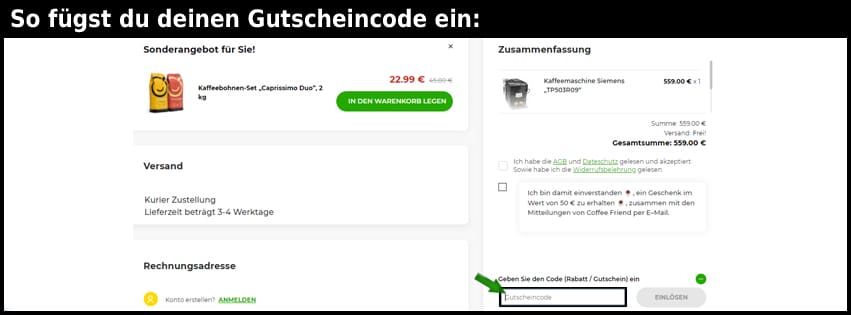 coffeefriend Gutschein einfuegen und sparen schwarz