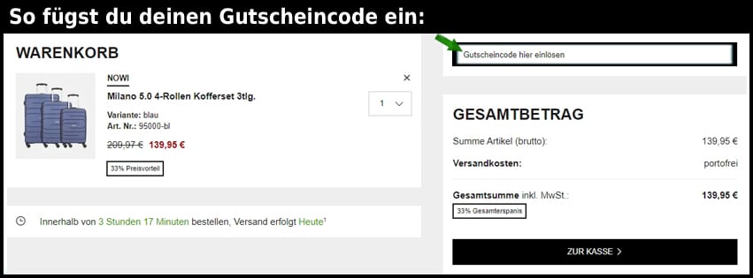 koffer.com Gutschein einfuegen und sparen schwarz