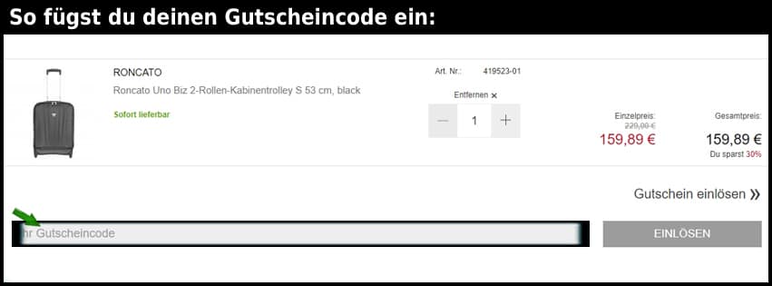 koffer.shop Gutschein einfuegen und sparen schwarz