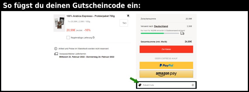 roastmarket Gutschein einfuegen und sparen schwarz