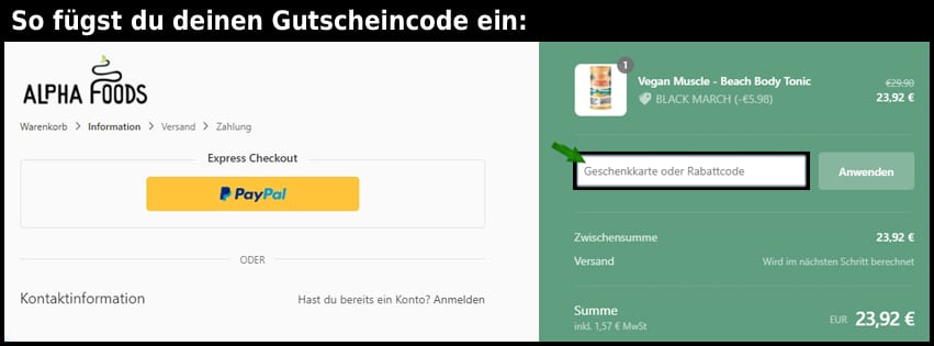 alphafoods Gutschein einfuegen und sparen schwarz