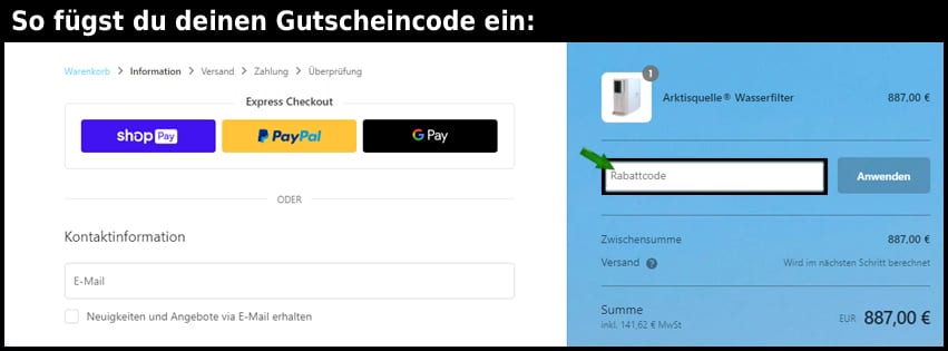 arktisquelle Gutschein einfuegen und sparen schwarz