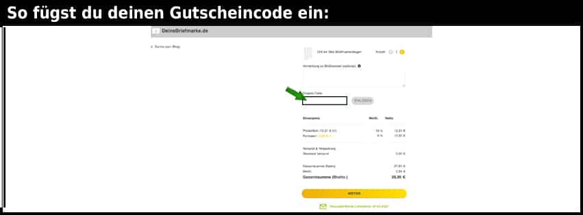 deinebriefmarke.de Gutschein einfuegen und sparen schwarz