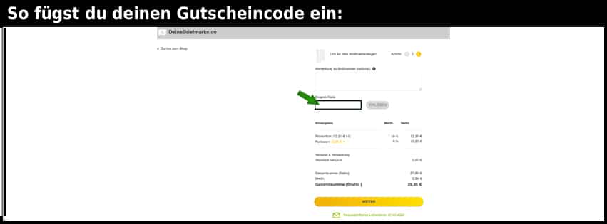 deinebriefmarke.de Gutschein einfuegen und sparen schwarz