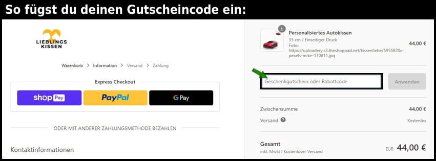deinlieblingskissen Gutschein einfuegen und sparen schwarz