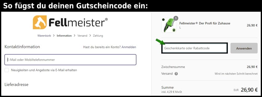 fellmeister Gutschein einfuegen und sparen schwarz