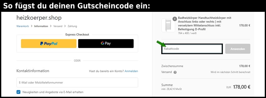 heizkoerper.shop Gutschein einfuegen und sparen schwarz