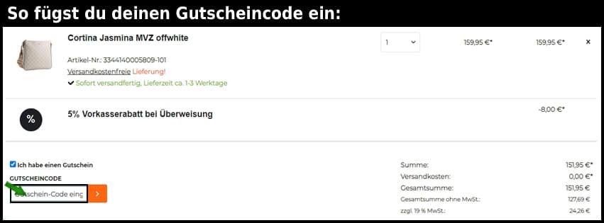 lederoase Gutschein einfuegen und sparen schwarz