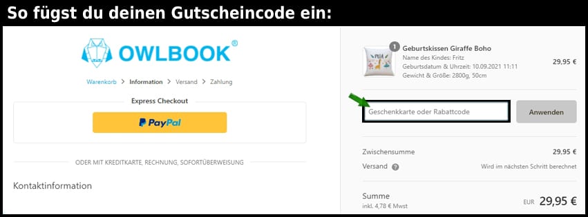 owlbook Gutschein einfuegen und sparen schwarz