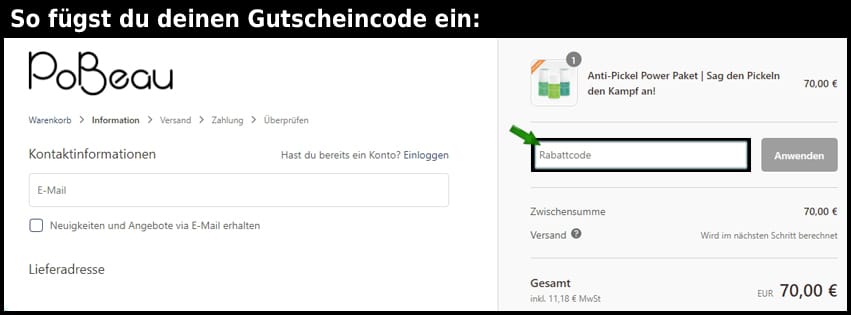 pobeau Gutschein einfuegen und sparen schwarz