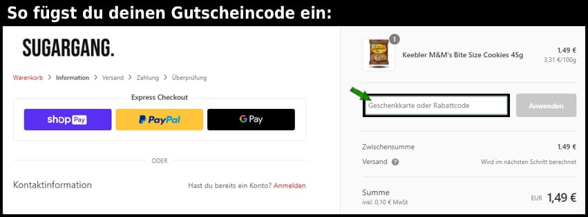 sugargang Gutschein einfuegen und sparen schwarz