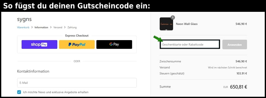 sygns Gutschein einfuegen und sparen schwarz