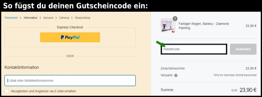 diamondpainting Gutschein einfuegen und sparen schwarz