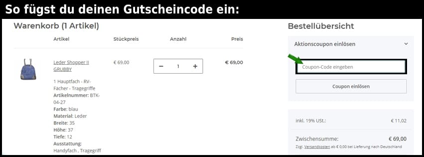 greenburry Gutschein einfuegen und sparen schwarz