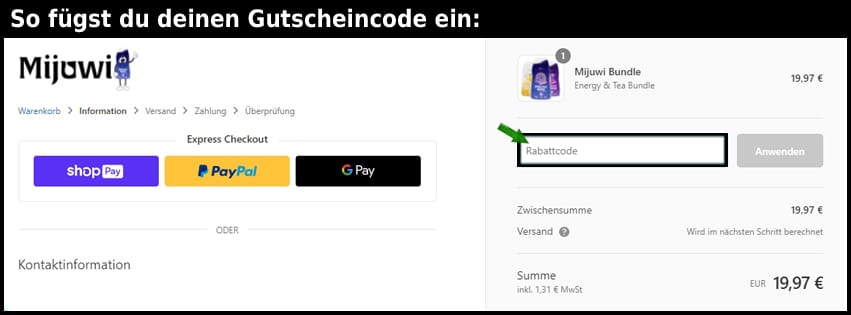 mijuwi Gutschein einfuegen und sparen schwarz