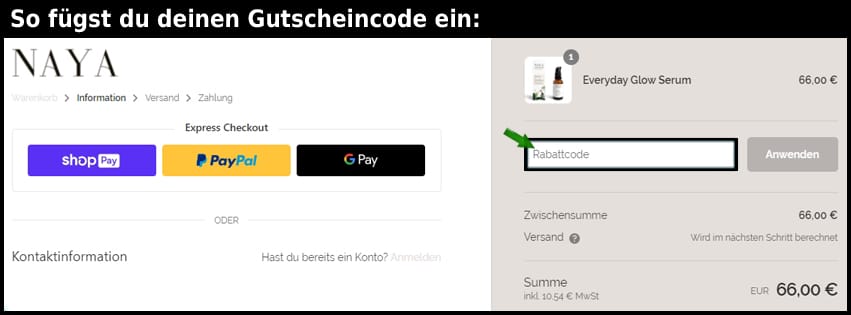 nayaglow Gutschein einfuegen und sparen schwarz