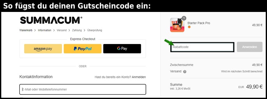 summacum Gutschein einfuegen und sparen schwarz