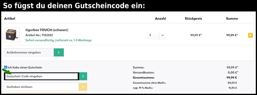 tigermedia-shop Gutschein einfuegen und sparen schwarz