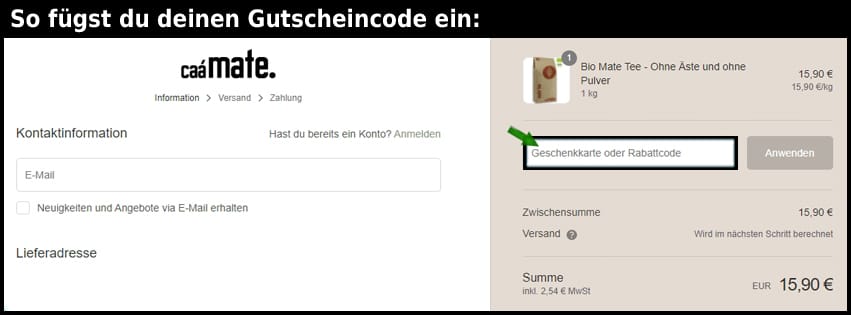 caamate Gutschein einfuegen und sparen schwarz