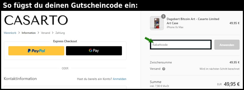 casarto Gutschein einfuegen und sparen schwarz