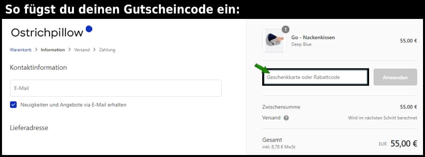 ostrichpillow Gutschein einfuegen und sparen schwarz