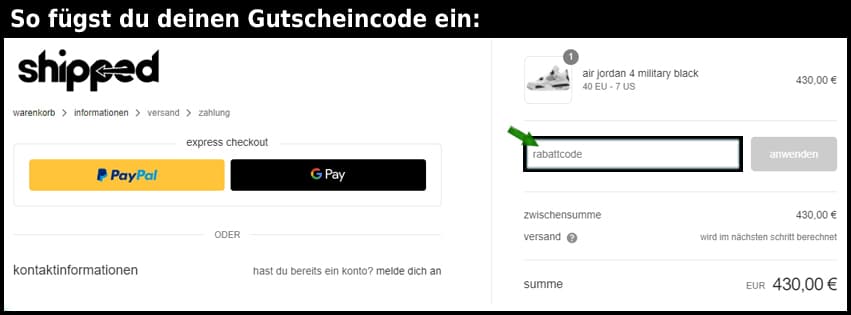 shipped Gutschein einfuegen und sparen schwarz