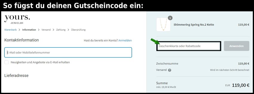 yoursjewelry Gutschein einfuegen und sparen schwarz