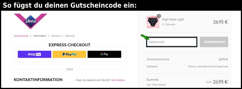 libresse Gutschein einfuegen und sparen schwarz